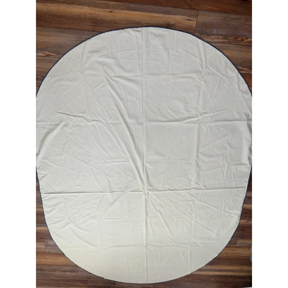 Cotton‎ Oval Tablecloth With Navy Embroidered Edge 59x80 Off-White Vintage